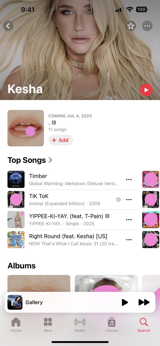 Can someone tell me what the pink dots on #kesha Apple Music page mean? Should we not be streaming these? Is it for her new album?? I just want to know