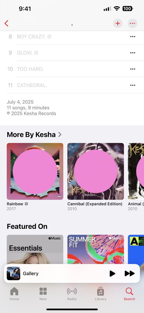r_ileyg's tweet photo. Can someone tell me what the pink dots on #kesha Apple Music page mean? Should we not be streaming these? Is it for her new album?? I just want to know https://t.co/TOPpTuvDw9