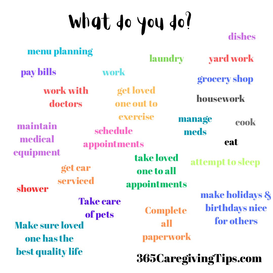 We’ve all been there. Somebody asks you what do you do? Saying that you’re a caregiver doesn’t tell them anything but if you started with a list that looks like this, they would be shocked. Notice how few things are on this list that you do for you.   #caregiving