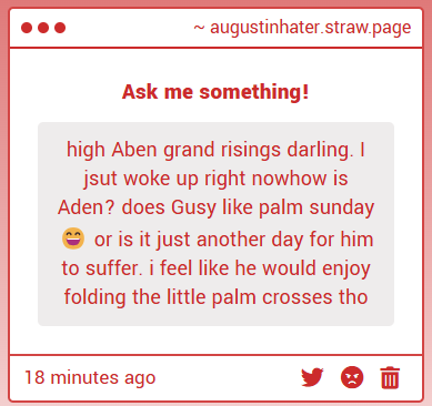 adenchan04's tweet photo. Hello My Dear Friend! I am alright Thank you for this question. He would indeed find the little palm crosses very quaint so I'd name it as one of the more Tolerable days for him :-) https://t.co/O204iH5HDZ