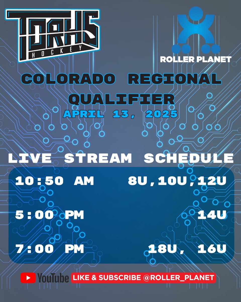 RollerPlanet1's tweet photo. Tune in today to see championship games from all youth divisions of the 2025 TORHS Colorado Regional Qualifier. We have 3 streams coming up. Here's the schedule. All times are approximate. Never miss a moment: Like &amp; Subscribe to the Roller Planet Youtube channel now. https://t.co/0jA9Hc2rvK