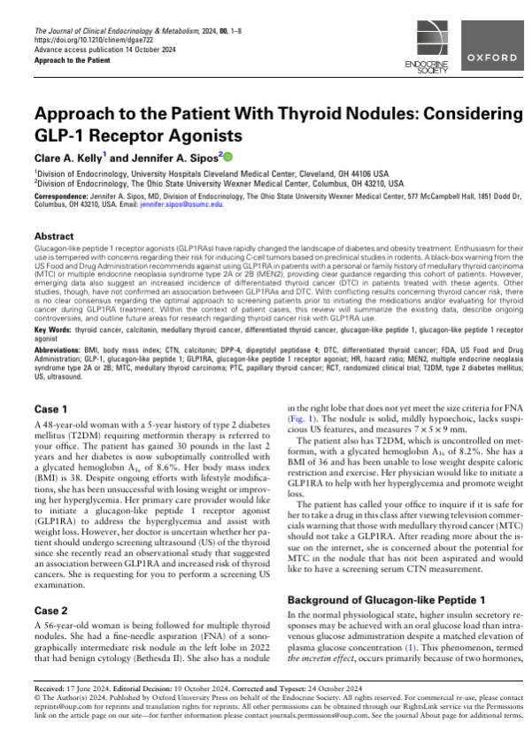 There is no clear consensus regarding the optimal approach to screening patients prior to initiating the medications and/or evaluating for thyroid cancer during GLP-1 RA treatment.
academic.oup.com/jcem/advance-a…