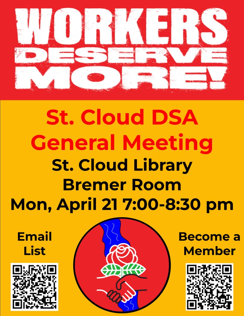 dsa_st_cloud's tweet photo. Join us to fight for higher pay, Medicare for all, and a true people led democracy https://t.co/MsrdQYcOhF https://t.co/zvhOMRhUxo