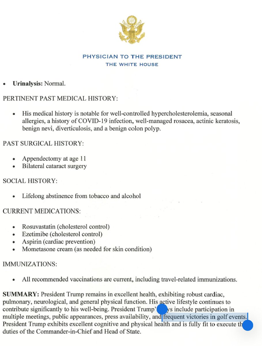 President Trump is expected to need a follow-up colonoscopy in 2027 (acting President Vance for a few hours?) and his doctor’s totally objective analysis notes Trump’s “frequent victories in golf events.”