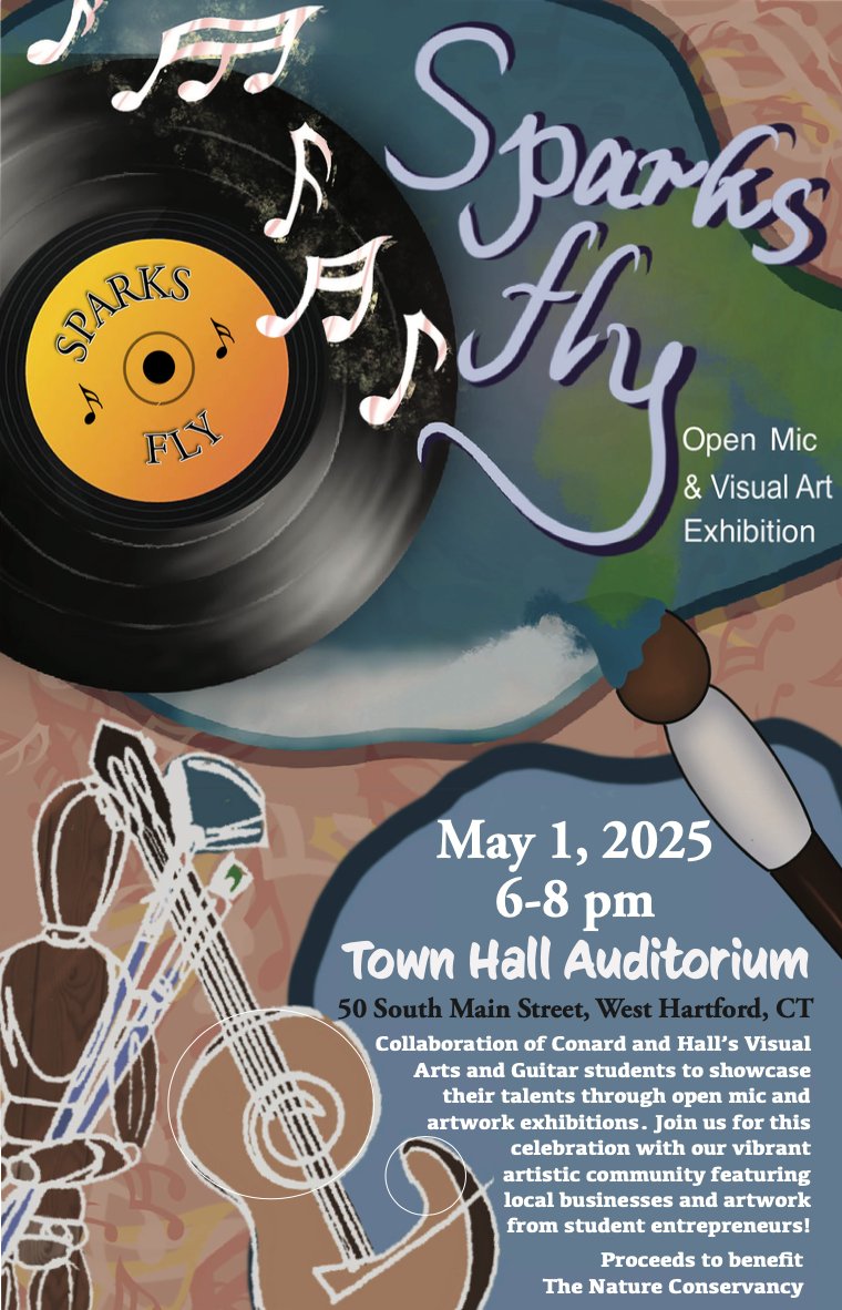 whctv5's tweet image. Mark your calendars - May 1st in Town Hall Auditorium 6-8pm - 'Sparks Fly' Open Mic and Visual Art Exhibition Collaboration of Conard and Hall’s Visual Arts and Guitar students. Proceeds to benefit The Nature Conservancy

#arts #openmic #whps