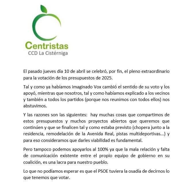 LacisternigaC's tweet photo. VALORACIÓN PRESUPUESTOS MUNICIPALES 2025 DE CENTRISTAS CCD LA CISTÉRNIGA

#lacisterniga #cisterniga #centristasccd #presupuestoslacisterniga https://t.co/AWG7EfnFvL