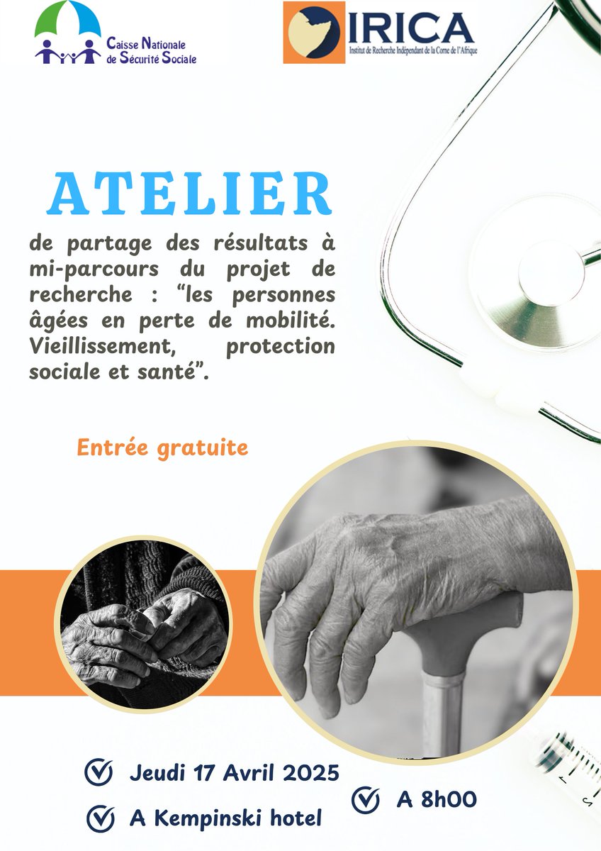IRICAdjib's tweet photo. IRICA et la CNSS vous invitent à une matinée de réflexions et d’échanges autour du vieillissement à Djibouti. 🧓🏽👵🏽
Rejoignez-nous pour enrichir la discussion ! #Vieillissement #Djibouti #Recherche #Solidarité #IRICA #CNSS https://t.co/e2QZgyHdC7
