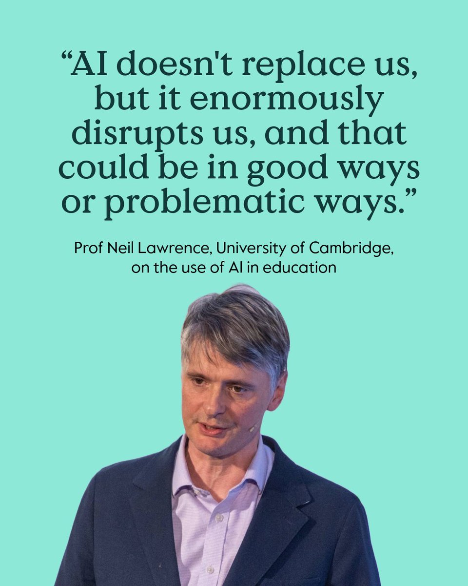 CambPressAssess's tweet image. “AI doesn't replace us, but it enormously disrupts us, and that could be in good ways or problematic ways,” warned @lawrennd from @Cambridge_CL at our Digital & Data Day.
He says we should use #AIinEducation with caution. #ShapingAIForEveryone @Cambridge_Uni
#AI