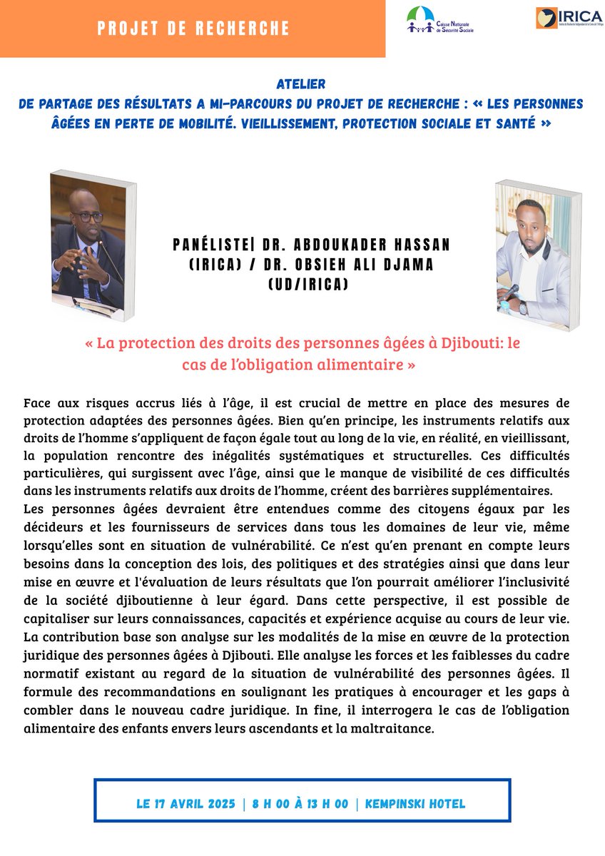 IRICAdjib's tweet photo. Au programme :
🔍 Regards croisés sur les enjeux sociaux, économiques et culturels du vieillissement
🗣️ Interventions d’experts et chercheurs sur les inégalités, le rôle des aidants, les solidarités intergénérationnelles, les politiques publiques… https://t.co/4rFw4e8EXk