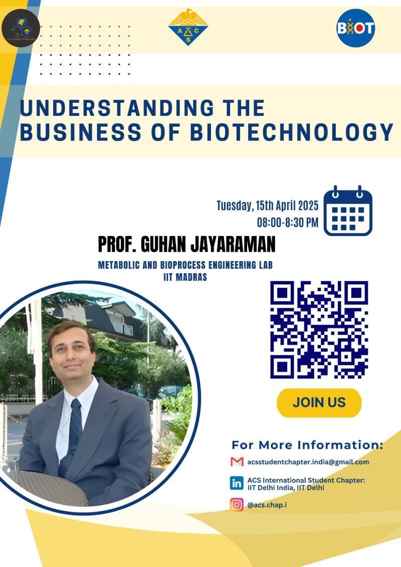 Join our India Student Chapter for an insightful webinar with Prof. Guhan Jayaraman from the IIT Madras to explore the business side of biotech! 
📅 Date: 15th April, 2025
🕒 Time: 8:00-8:30 pm IST (10:30-11:00 am EST)
📍 Platform: Zoom
Register now: na2.hubs.ly/y05-xd0
