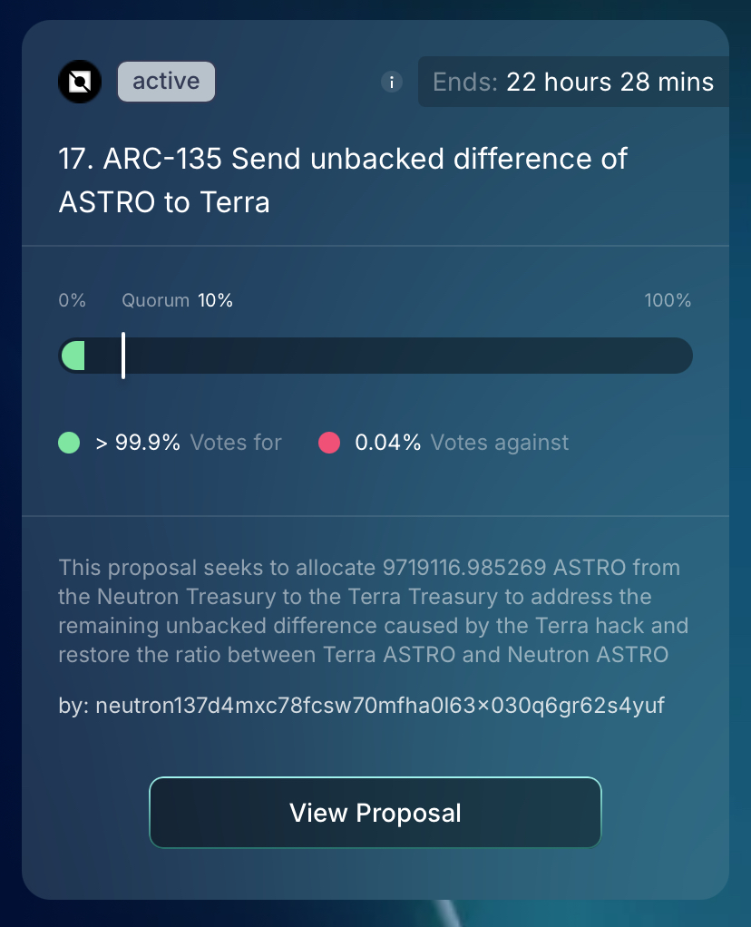 Phoenix Directive π (@phoenix_dir) on Twitter photo π³οΈ ACTION REQUIRED π³οΈ
π΅ <a href="/astroport_fi/">Astroport β¦</a> GOVERNANCE PROPOSAL π΅
Your vote is required to resolve the $ASTRO token discrepancy caused by the IBC exploit and restore the 1:1 ratio between Terra ASTRO and Neutron ASTRO.
The plan is to allocate ~9.7M ASTRO from the Astroport Neutron π³οΈ ACTION REQUIRED π³οΈ
π΅ <a href="/astroport_fi/">Astroport β¦</a> GOVERNANCE PROPOSAL π΅
Your vote is required to resolve the $ASTRO token discrepancy caused by the IBC exploit and restore the 1:1 ratio between Terra ASTRO and Neutron ASTRO.
The plan is to allocate ~9.7M ASTRO from the Astroport Neutron