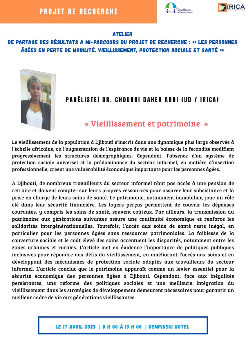 IRICAdjib's tweet photo. #Vieillissement #Djibouti #Recherche #Solidarité #IRICA #CNSS https://t.co/PkwMX3QzYV