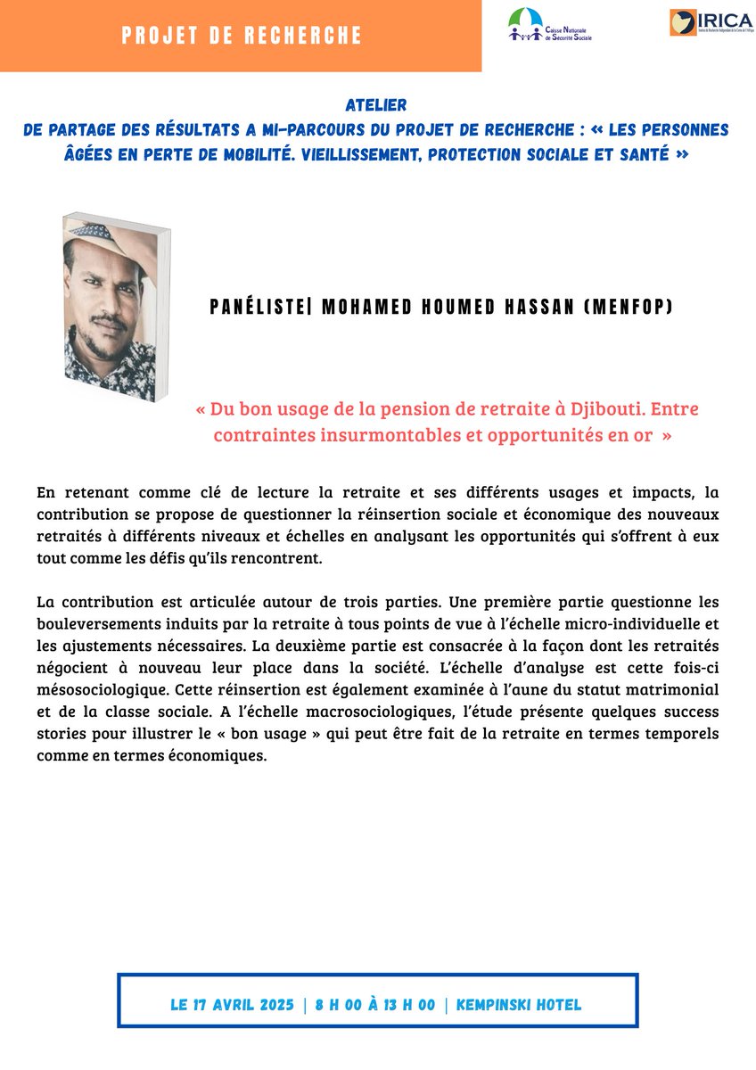 IRICAdjib's tweet photo. #Vieillissement #Djibouti #Recherche #Solidarité #IRICA #CNSS https://t.co/PkwMX3QzYV