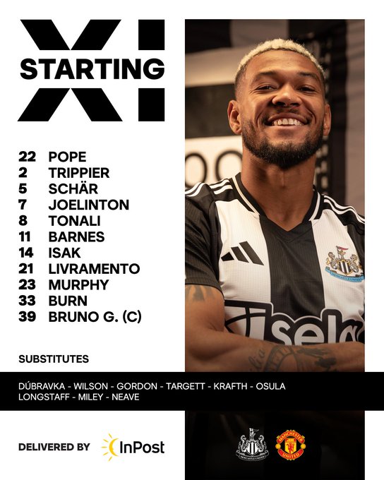 Newcastle United v Man Utd: Pope, Trippier, Schär, Joelinton, Tonali, Barnes, Isak, Livramento, Murphy, Burn, Bruno G.