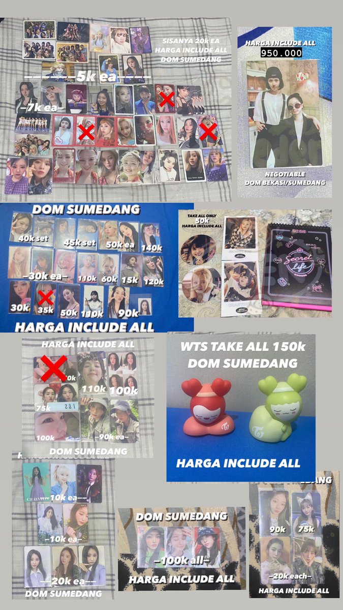 🐯 want to sell 🦖

photocard girlgroup twice, red velvet, izone, kep1er, dan weeekly

🏠 Sumedang, INA
💰On pict (include all)
👍🏼 Bisa keep without dp
🍊🍀 Bisa oren maupun ijo