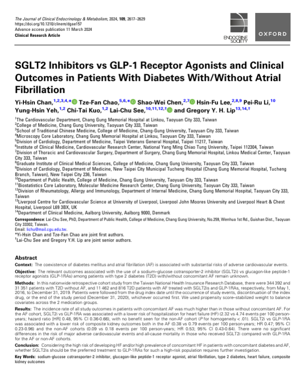 SGLT2 inhibitors vs GLP-1 receptor agonists: A nationwide study reveals that SGLT2 inhibitors reduce hospitalization for heart failure in diabetes patients with atrial fibrillation (AF) but show no benefit in non-AF patients. Both classes improve kidney outcomes, but major CV