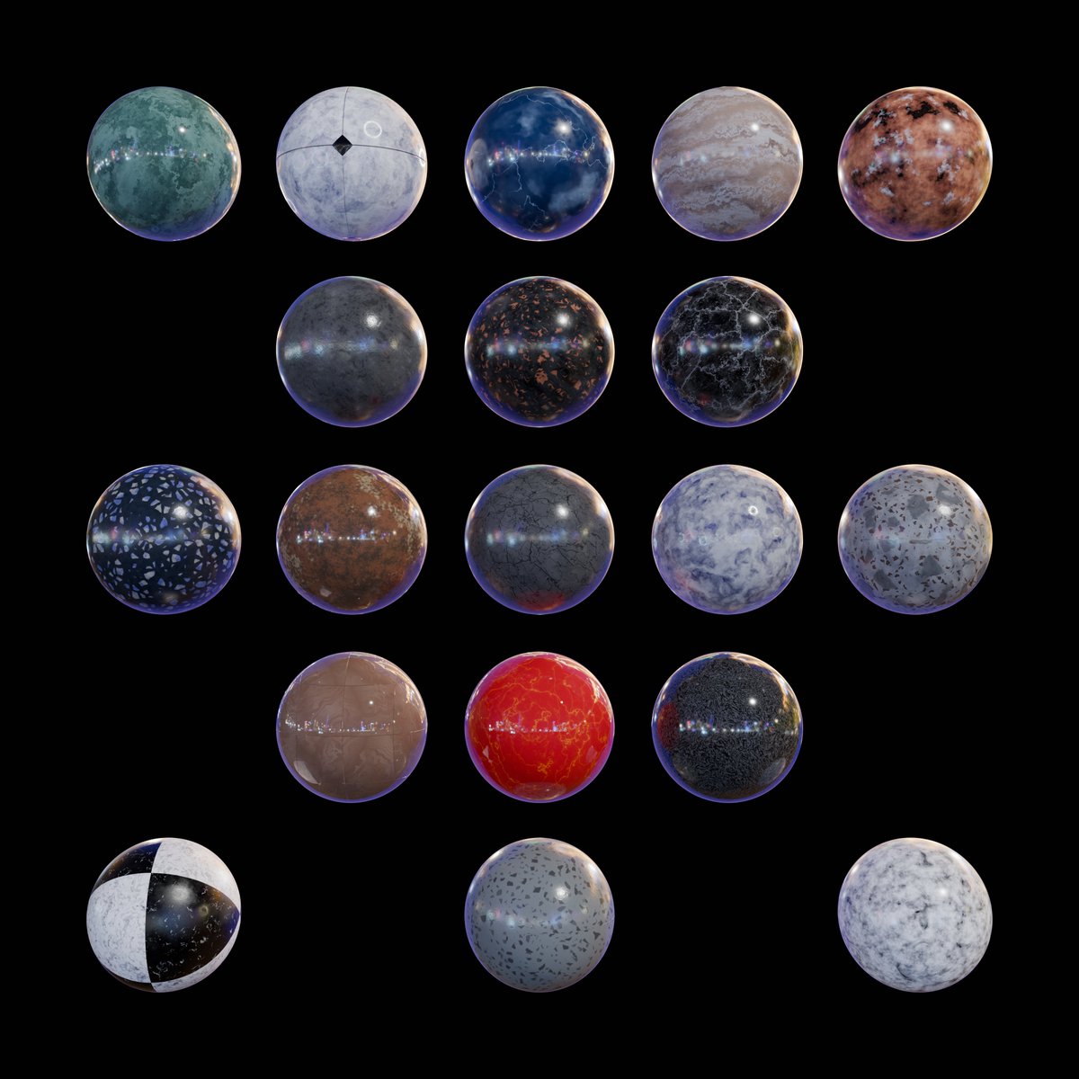 suussonic's tweet image. J’ai recréé tous les matériaux de marbre de Ryan King Art dans Blender 
Vous avez un préféré ? 
#Blender3D #RyanKingArt #ProceduralMaterial #MarbleShader #CGI #3DArtist #NodeBased #BlenderCommunity #3DMaterials #DigitalArt