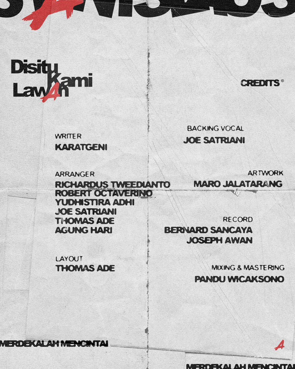 OUT NOW! 
“Disitu Kami Lawan”

Membangkitkan kembali lagu kami yg mengudara pertama kali pada medio 2019 di @eljaradio , senantiasa mengajak kawan-kawan agar selalu waspada!🌹

“Diam Tertindas, Bergerak Melawan”

Selamat mendengarkan, Merdekalah Mencintai!⏳🔴