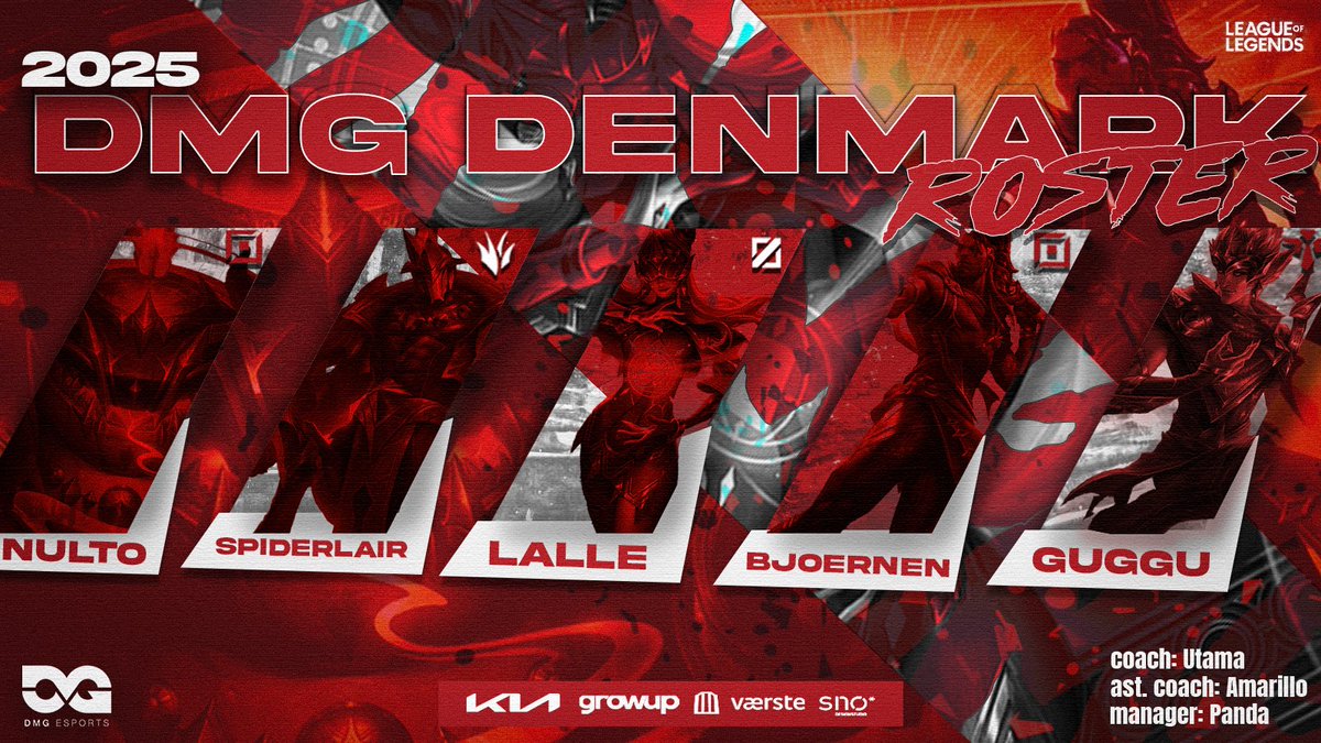 DMG Denmark (@dmgesportsdk) on Twitter photo Watch out for our roster this LCD Spring Split!
Top: <a href="/Nulto_lol/">Niklas Hansen</a> 🇩🇰
Jung: <a href="/Spiderlairlol/">Spiderlair</a> 🇸🇪
Mid: <a href="/Legenden_Lalle/">Lasse Hamann Børgesen</a> 🇩🇰
ADC: <a href="/BjoernenLoL/">Bjoernen</a> 🇩🇰
Supp: @Guggu777 🇬🇪
HC: <a href="/UtamaLamaRama/">Utama</a> 🇳🇴
AC: <a href="/martingule/">Amarillo</a> 🇳🇴
RM: <a href="/PokeThePanda1/">PokeThePanda</a> 🇩🇰🇫🇷 Watch out for our roster this LCD Spring Split!
Top: <a href="/Nulto_lol/">Niklas Hansen</a> 🇩🇰
Jung: <a href="/Spiderlairlol/">Spiderlair</a> 🇸🇪
Mid: <a href="/Legenden_Lalle/">Lasse Hamann Børgesen</a> 🇩🇰
ADC: <a href="/BjoernenLoL/">Bjoernen</a> 🇩🇰
Supp: @Guggu777 🇬🇪
HC: <a href="/UtamaLamaRama/">Utama</a> 🇳🇴
AC: <a href="/martingule/">Amarillo</a> 🇳🇴
RM: <a href="/PokeThePanda1/">PokeThePanda</a> 🇩🇰🇫🇷