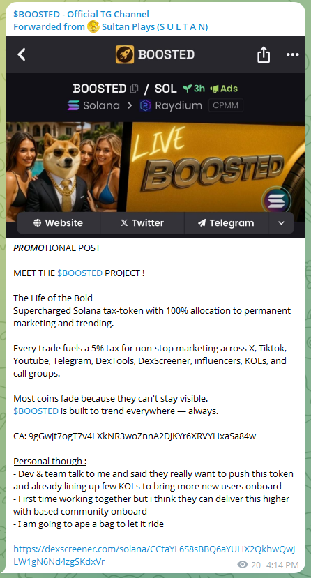 Yet ANOTHER BOOST! Now on Sultan Plays!

ca: 9gGwjt7ogT7v4LXkNR3woZnnA2DJKYr6XRVYHxaSa84w

t.me/boosted5x/30