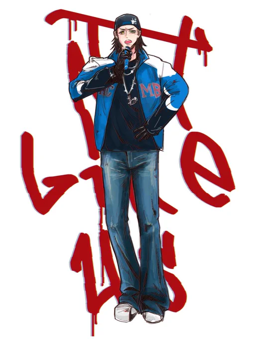 ケンドリックラマーのハーフタイムショーの服が青くてカッケーので二郎っぽいという絵 (ネックレスの文字とか変えてます ショーで同じポーズしてました。)