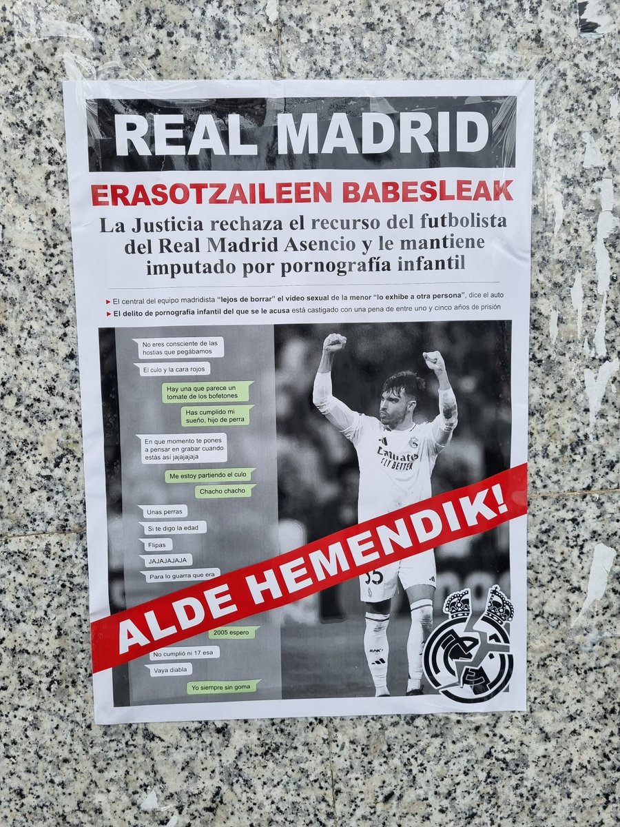 FonsiLoaiza's tweet photo. Hoy, la afición vasca y antifascista del Alavés está repartiendo estos panfletos contra Raúl Asencio, imputado por presunta pornografía infantil: "Real Madrid, protector de agresores". https://t.co/8d6jqEwcIG