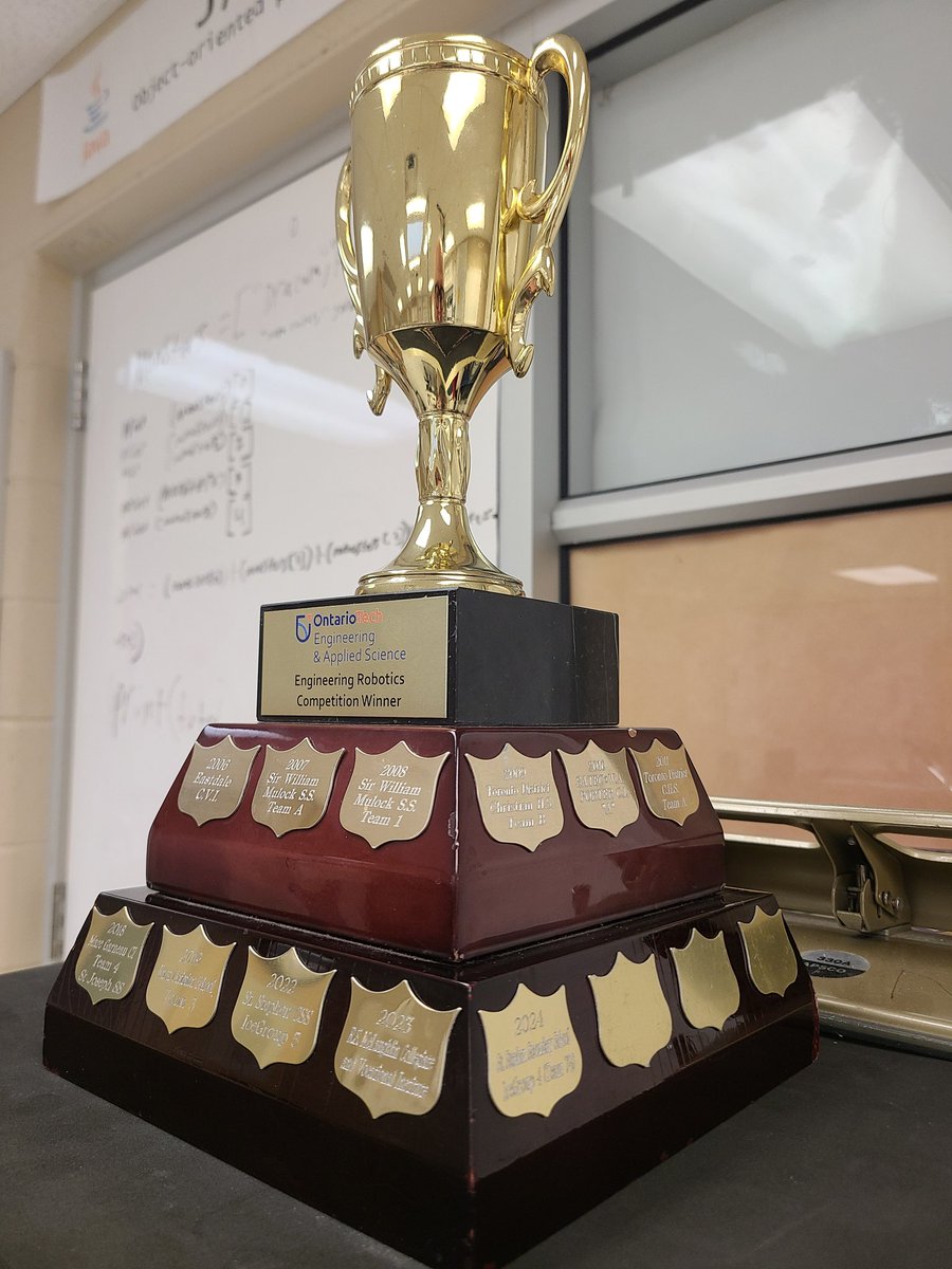 It's official!  The Ontario Tech U trophy has been updated and Royals Robotics placed first in 2022 and 2024.  Let's get the ICE lab ready for November 2025 <a href="/StStephenRoyal/">St. Stephen C.S.S.</a> <a href="/Alex_Duketow/">Alex Duketow</a> <a href="/durhamcollege/">Durham College</a> <a href="/GMcanada/">GM Canada</a> #pvncLearns