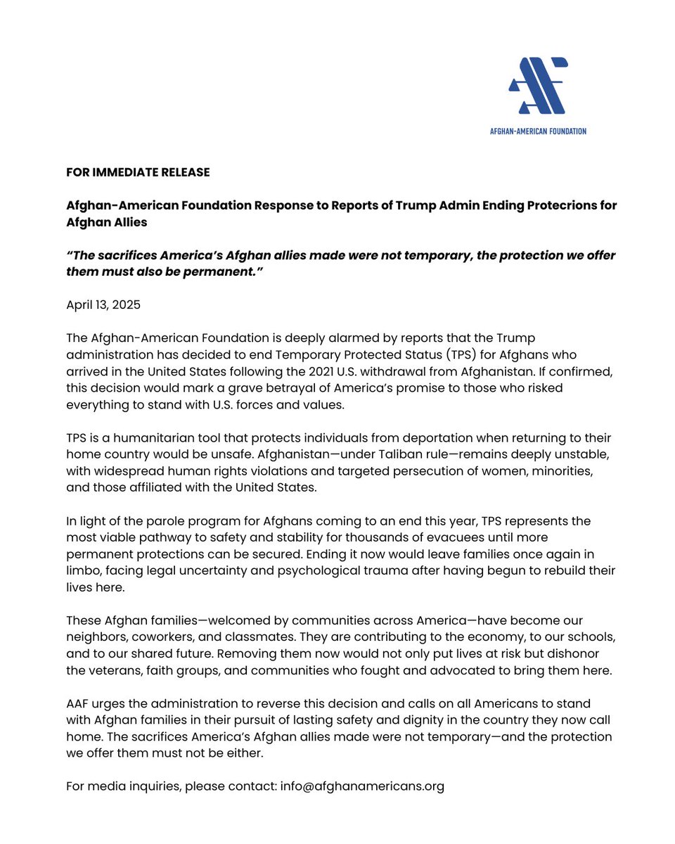 Ending TPS for Afghans is a betrayal. Their sacrifices weren’t temporary—their protection shouldn’t be either.

Our full statement here. ⬇️
#TPSforAfghans #AfghanAllies #KeepThePromise