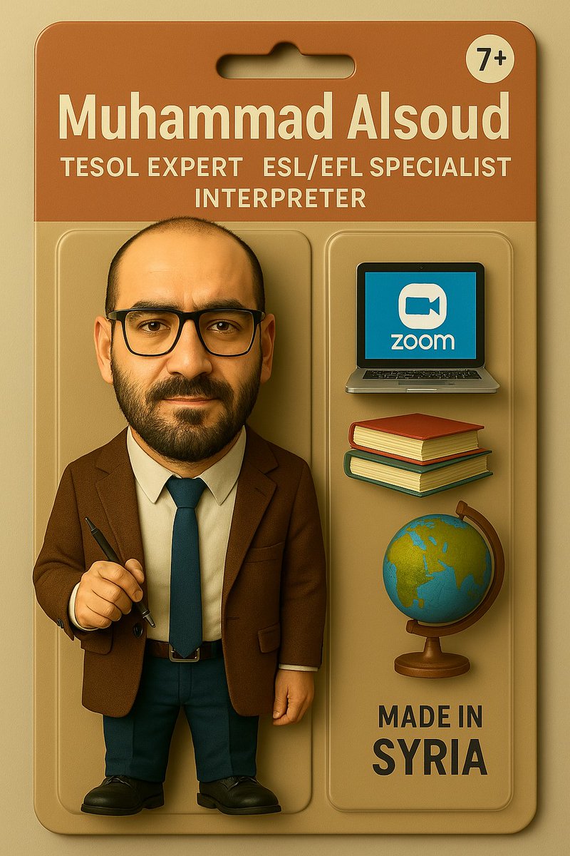 MuhammadAlsoud's tweet photo. BREAKING: I’m now available in collectible form! 

Say hello to the TESOL Expert / ESL-EFL Specialist / Interpreter action figure — equipped with my go-to tools: Zoom, books, and a globe (because where I teach, borders don’t exist).

I’m way younger than this packaging suggests! https://t.co/F82XBMNSJK