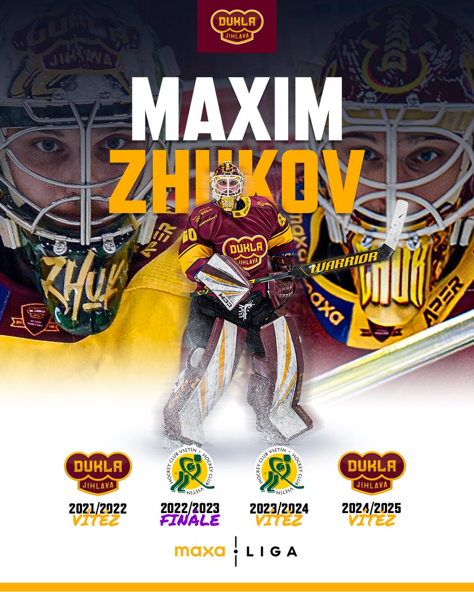 maxaligacz's tweet photo. Čtyři sezony, tři vítězství, jedno finále. 🤯 Kde chytá Maxim Zhukov, tam se bojuje o titul. 🏆

#maxaliga | @hc_duklajihlava https://t.co/I71Td2mgfZ