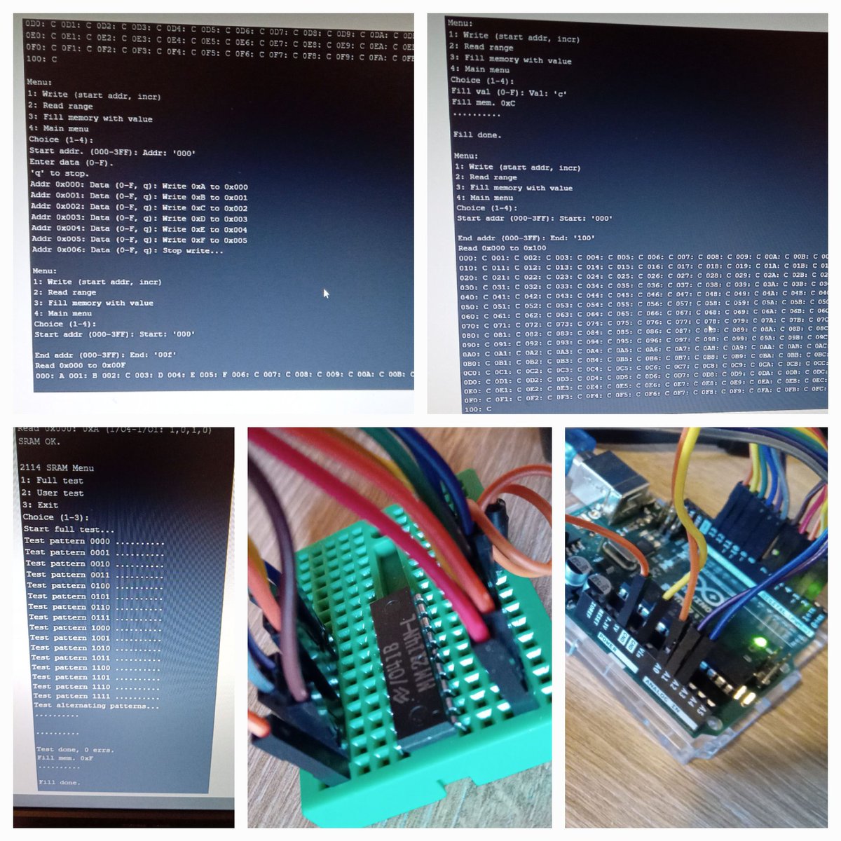 AdamT117's tweet photo. Take the guess work out of 2114 SRAM trouble! There are existing Arduino test shields but didn't have one 😱 Also some code examples I tried checked ok without a 2114 in place? So made my own with some unnecessary user functions.Any mistakes let me know.https://t.co/ulvZEkoQjN https://t.co/l8Mo2d6xA0
