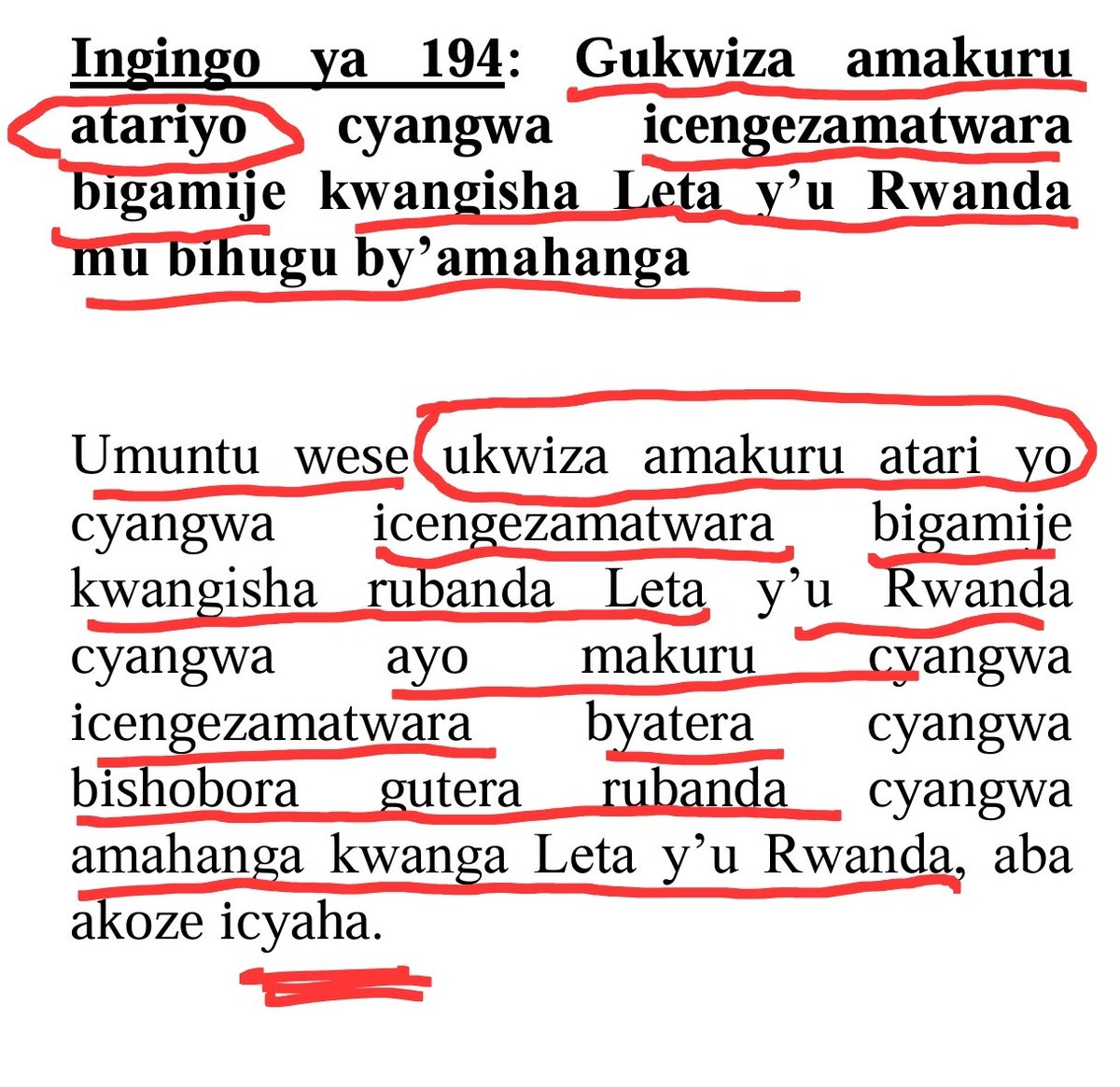 UncleGobby's tweet photo. #GUKWIZA AMAKURU ATARIYO CG #ICENGERAMATWARA BIGAMIJE KWANGISHA #RUBANDA CG ABANYAMAHANGA CG IBIHUGU BY'AMAHANGA LETA Y'U RWANDA NI ICYAHA CY'#UBUGOME /#FELONY:

Iyo bikozwe mu bihe;
- by'#intambara igihano ni #BURUNDU
-by'#amahoro igihano ni 7-10yrs

Nimwirinde iki cyaha. https://t.co/M8TjjvIs1e