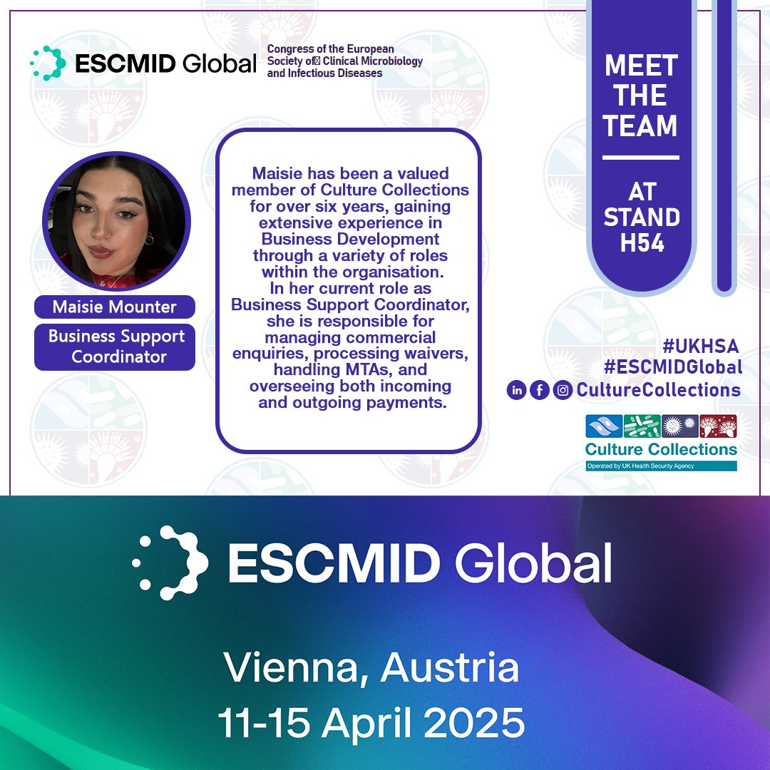 Come meet the team at ESCMID 2025 in Vienna, Austria! We'll be exhibiting from April 11ᵗʰ–15ᵗʰ at stand H54. Stop by for a chat, we’d love to connect. Hope to see you there! <a href="/ESCMID/">ESCMID</a> #ESCMIDGlobal #UKHSA #CultureCollections