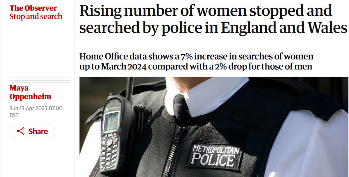 gmhales's tweet photo. Today's Observer reports an increase in women stopped and searched (year to Mar 2024). Let's take a look at some data... #stopsearch https://t.co/Ex1CrdWq3V