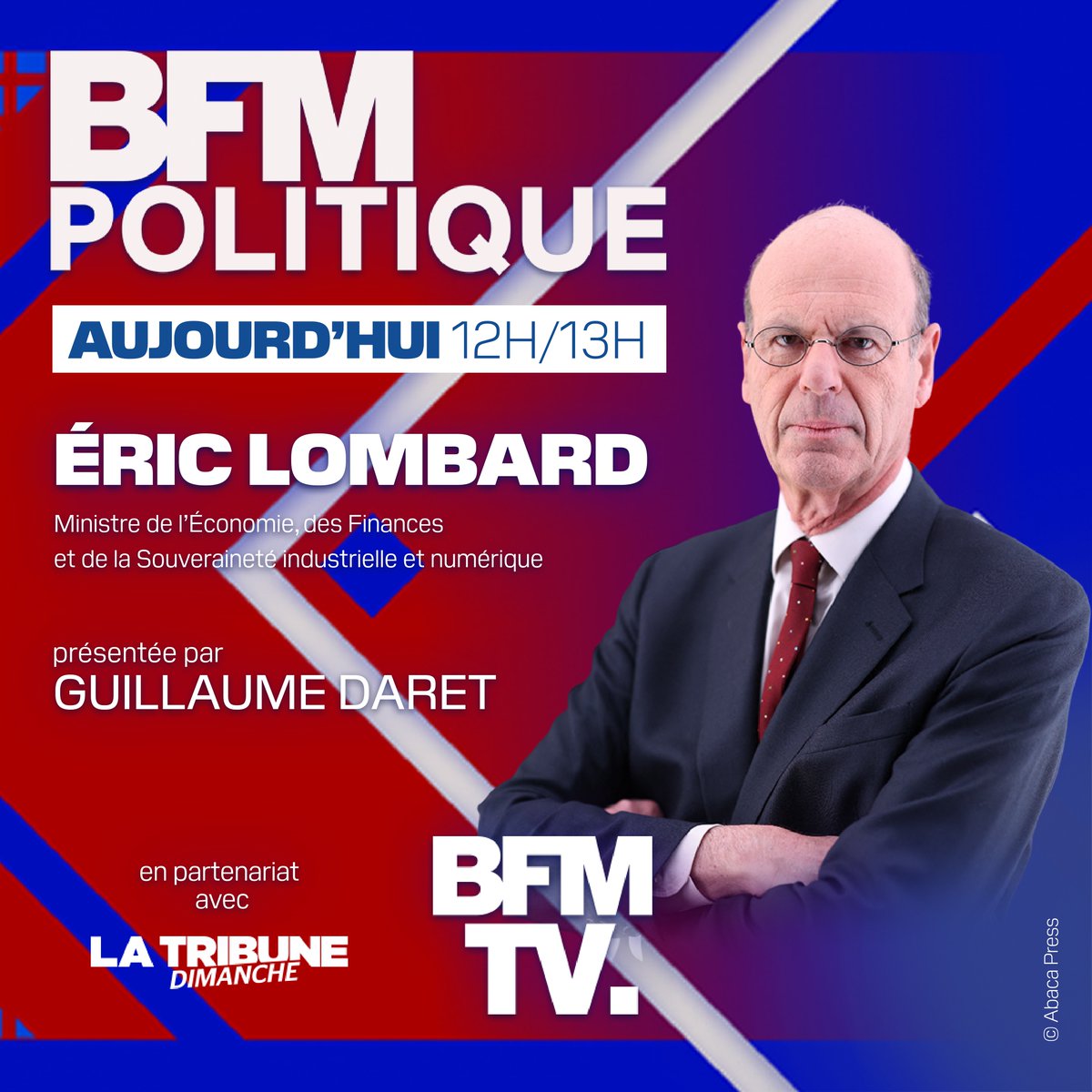 📺 🔴 Ne manquez pas <a href="/BFMPolitique/">BFM Politique</a> de 12h à 13h sur <a href="/BFMTV/">BFMTV</a> ! Une émission en partenariat avec La <a href="/TribuneDimanche/">La Tribune Dimanche</a>.

<a href="/Eric_R_Lombard/">Eric Lombard</a>, ministre de l'<a href="/Economie_Gouv/">Ministère de l'Économie et des Finances</a>, est l'invité de <a href="/GuillaumeDaret/">Guillaume Daret</a> et de <a href="/JulesPec/">Jules Pecnard</a> @amandineatalaya

#BFMPolitique #Politique 

Une émission à suivre