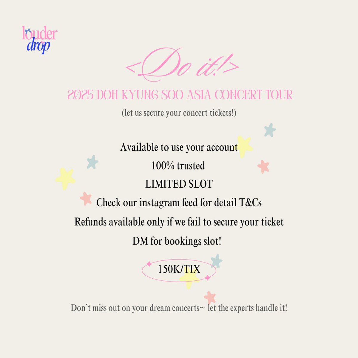 louderdrop_'s tweet photo. 💫Open Jaswar &amp; Jastip DOH KYUNGSOO concert tour in Jakarta  by :@louderdrop_  💫

📆 August 09, 2025
📍 JAKARTA

🏷️ Fee book slot 30k ✨
✅ LIMITED SLOT
✅Self Payment
✅Trusted 100%
✅Data Pribadi

✨All section Fee only 150k ✨

#jastipkonser #dohkyungsoo #kyungsoo https://t.co/KDBWTlHc7q