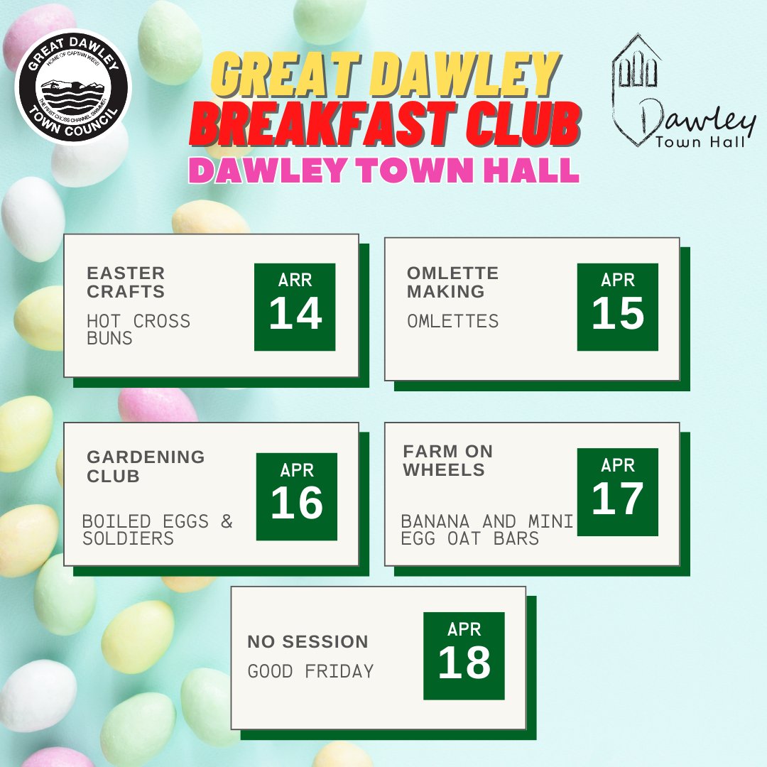 🍳🥞 The Great Dawley Breakfast Clubs are BACK!
📍 Old Park Primary &amp; Dawley Town Hall
🕤 Mon–Thurs, 9:30–11am
(No session on Good Friday)

FREE breakfast &amp; fun activities for local kids! No booking needed—just turn up!
Children must be supervised.
👇 Check out what’s on: