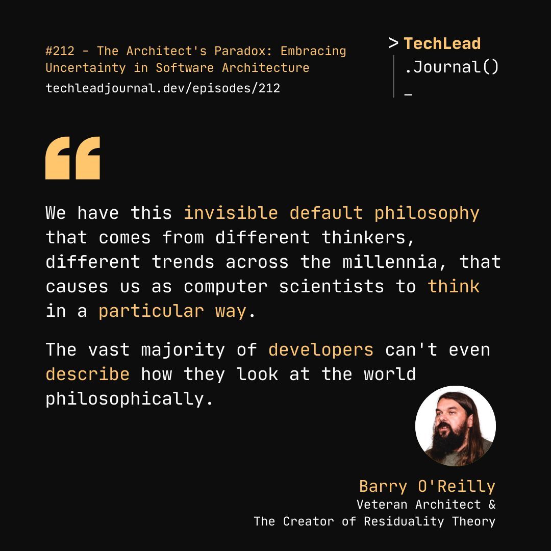 techleadjournal's tweet image. You code the way you think. But where did that thinking come from? 

Hear more from Barry O&apos;Reilly in episode 212.
#architecture #softwarearchitect #architectparadox
