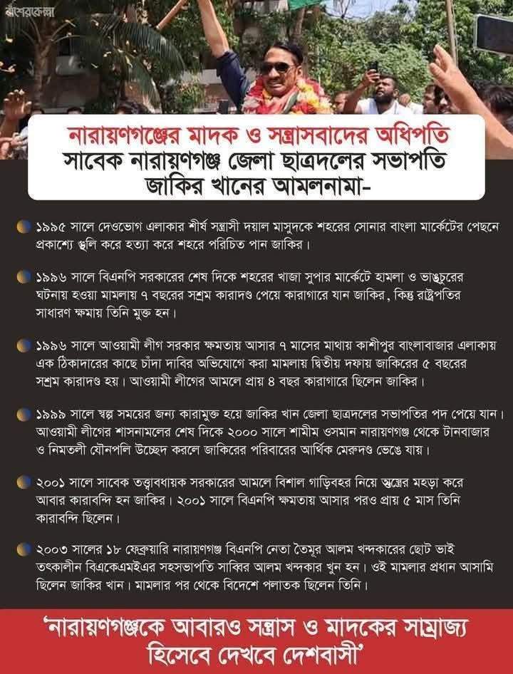 শীর্ষ সন্ত্রাসী জাকির হোসেন ৪ টি হত্যা মামলা সহ ৩৬ টি মামলা থেকে একেবারে খালাস ও মুক্ত হয়ে জেল থেকে বাহির হইছে। 
তাকে ফুল দিয়ে বিএনপির লোকেরা বরণ করে নিয়েছে।
ইনকিলাব জিন্দাবাদ।
জাকির হোসেনের খানের আমলনামা দেখে নিন। 👇