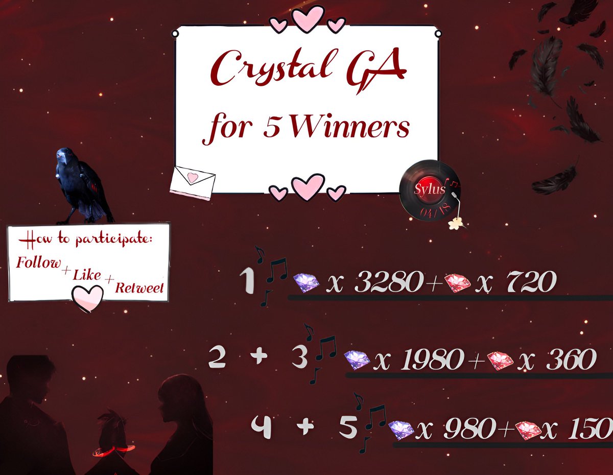taschibunny's tweet photo. ˖✿˚⋆ Sylus' Bday Crystal Giveaway ⋆˚✿˖

(\_/)
( •.• ) 5 Winners 
 /🌷

1. 3280 Crystals + 720 Dias 

2.+3. 1980 Crystals + 360 Dias 

4.+5. 980 Crystals + 150 Dias

Follow + ♡︎/⟳ to participate

GA will end on April 18th at 6pm my time 
(UTC+1)

Feel free to share your most special moments between you and Sylus in the comments, I would love to see cute moments catched on camera (ingame oc) or tell me a special story you experienced with our crow 🐦‍⬛. Commenting isn't mandatory to participate!

I'm doing my best to answer as much comments as possible but pls understand that I can't answer everything at some point! But I'll read everything 🤍

Pls feel comfortable to share your hunter ID with me (only if you are a winner, NOT right now pls) I will get you the crystals via codashop singapore! Winners will be picked via X Picker!

Good luck Pookie's!!! 🤍