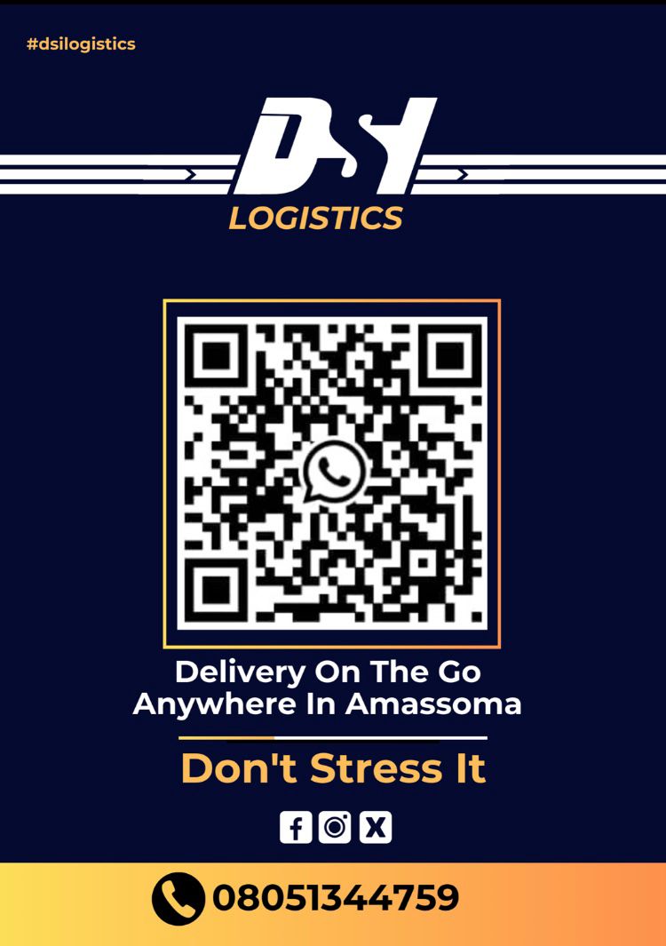 wilberforce_Tv's tweet photo. Got a Business in Amassoma?

Let DSI Logistics handle your pickups and deliveries with ease! Whether you're sending or receiving packages, we’ve got you covered—fast and reliable.

Ready to get started?
Send us a message on WhatsApp today:
https://t.co/alV7RPRrPj

#wilberforcetv #AmassomaBusiness #DSILogistics #SwiftDelivery #LocalLogistics #SupportLocalBusiness