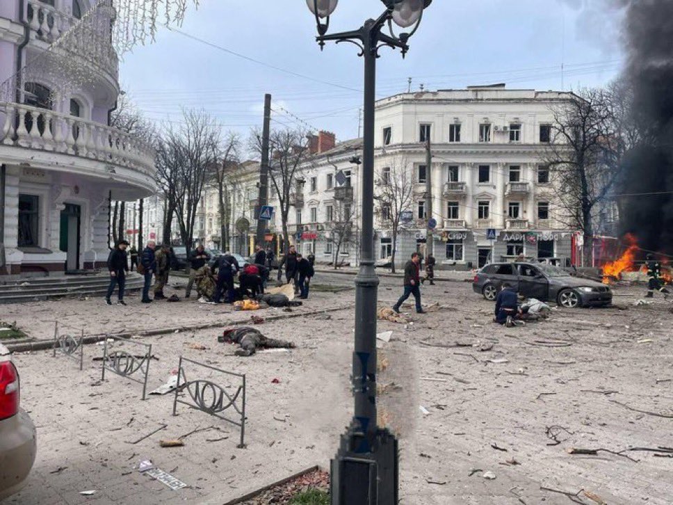 Palm Sunday, Sumy. Just now, Russian terrorists launched a ballistic missile strike on the city center. Many people were on the street. Over 20 people had been killed.