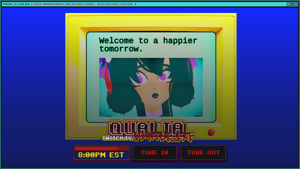 I got some quick announcements today about a new Discord server + where to find my music going forward! Afterward, we'll be playing a game called Qualia, which disclaimer: there IS a jumpscare.

💀 Stay tuned for RT when LIVE! 🎀
#VTuber #VStreamer #VyrLive