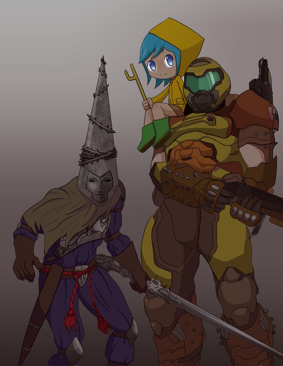 azraeldremurr's tweet photo. The holy trinity #Blasphemous #doom #luce #doomslayer #thepenitentone #drawingart https://t.co/QygUTnaBYe