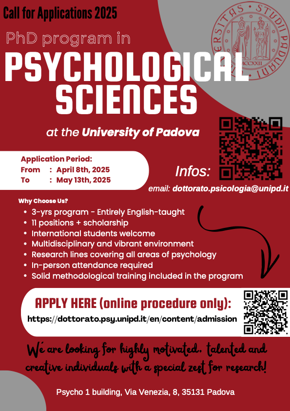 The call for applications to our PhD Program in Psychological Sciences is now open – find out how to apply!
#unipd