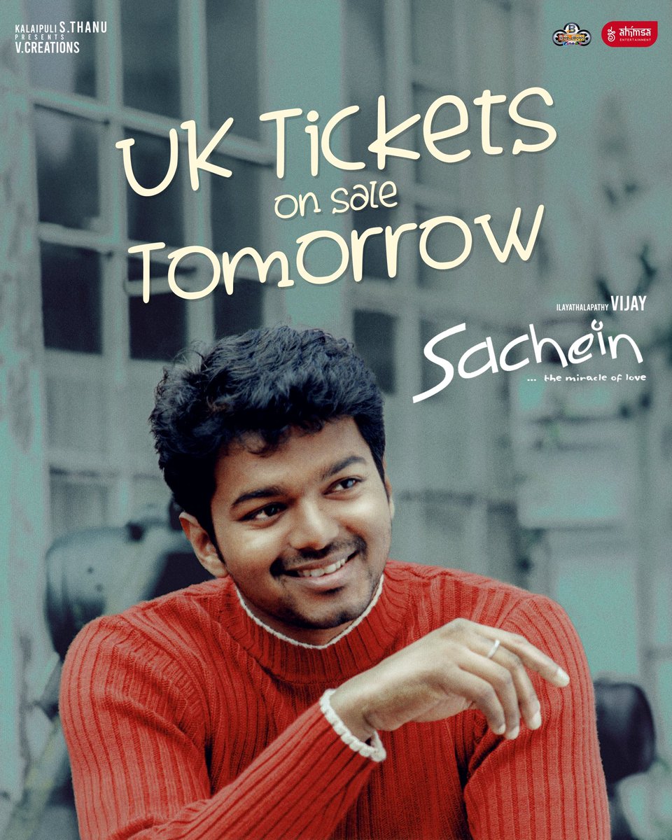 VA VA VA EN THALAIVA! UK tickets for #Sachein out tomorrow — experience and celebrate vintage Thalapathy on the big screen once again before we bid farewell in #JanaNayagan, next year ♥️♥️♥️ <a href="/cinema_boleyn/">Boleyn Cinema</a> 

#ThalapathyVijay <a href="/actorvijay/">Vijay</a> <a href="/theVcreations/">Kalaippuli S Thanu</a>