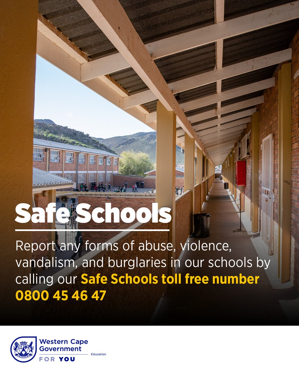 📢 The WCED urges all communities to be the 👀 eyes and ears of our schools. If you notice any suspicious activity around school buildings, please report it immediately to our Safe Schools helpline at 0800 45 46 47.

🤝 Let’s work together to protect our schools! ✨