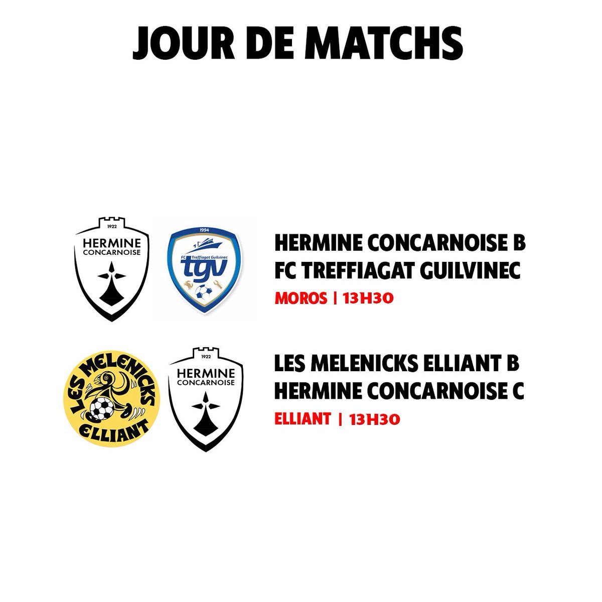 𝗝𝗢𝗨𝗥 𝗗𝗘 𝗠𝗔𝗧𝗖𝗛 🖤🤍

Notre équipe B affronte le TGV 🚄 au stade du Moros ! 
Notre équipe C défiera l’une des équipes du top 3 du championnat Elliant