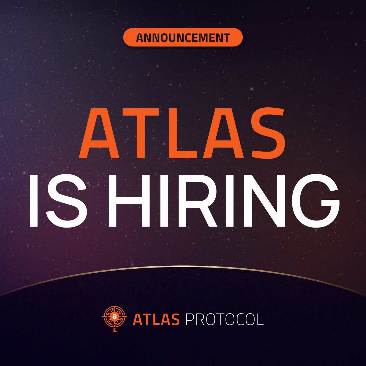 Atlas is Hiring! 🟠

We're looking to hire for a few roles:
- Partnership / BD
- Engineers (Protocol)
- Content Managers
- Moderators (Discord &amp; Telegram)

We're building the future of BTC for DeFi, and we need you!  🫶

Repost + Follow, then DM us to apply.