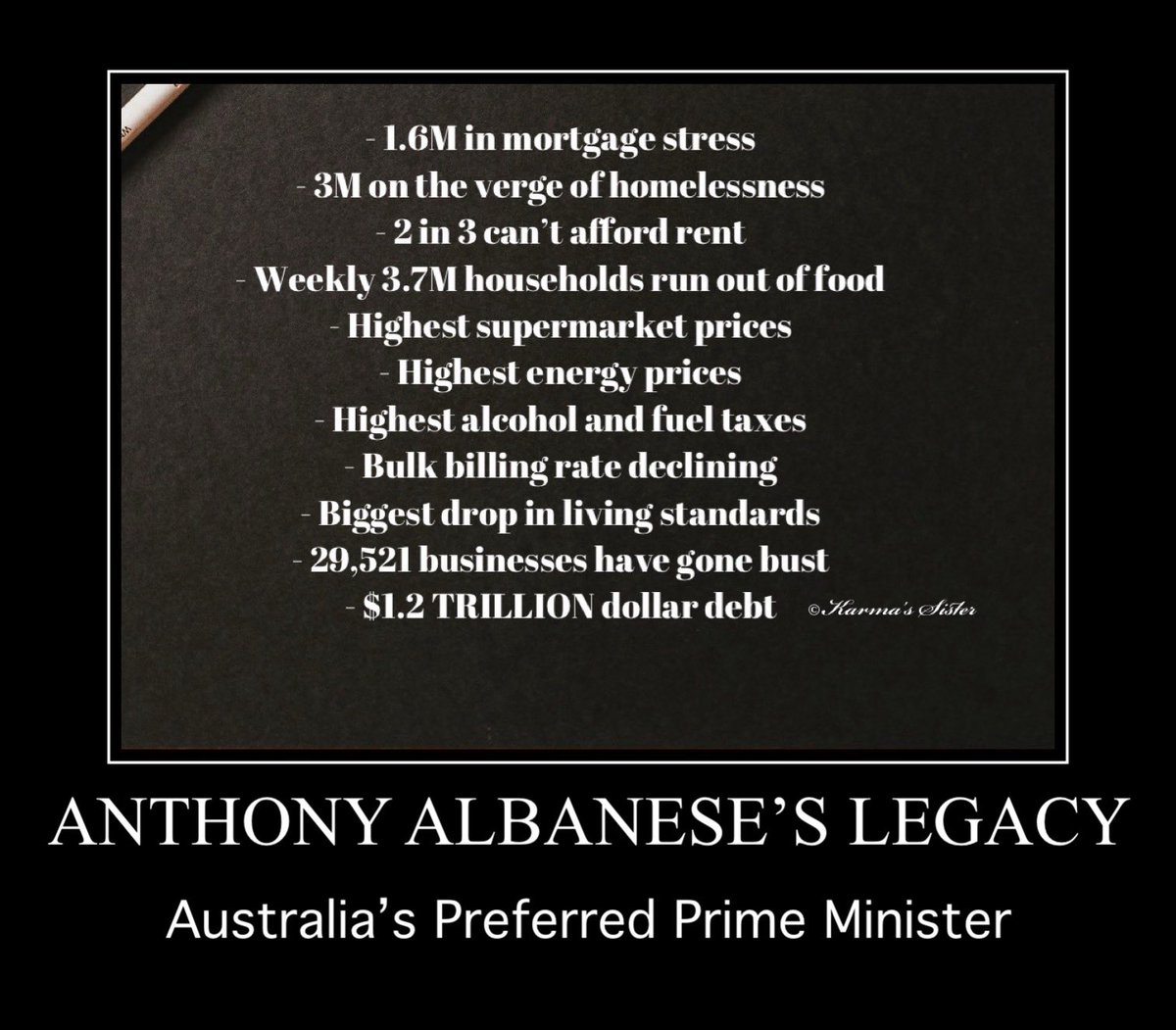 Kate3015's tweet image. Newspoll: 

49% of Australians think the man who has delivered the worst Govt in our history and the biggest drop in living standards in our history ever, will make the better prime minister. It beggars belief. 

#auspol 
#Election2025